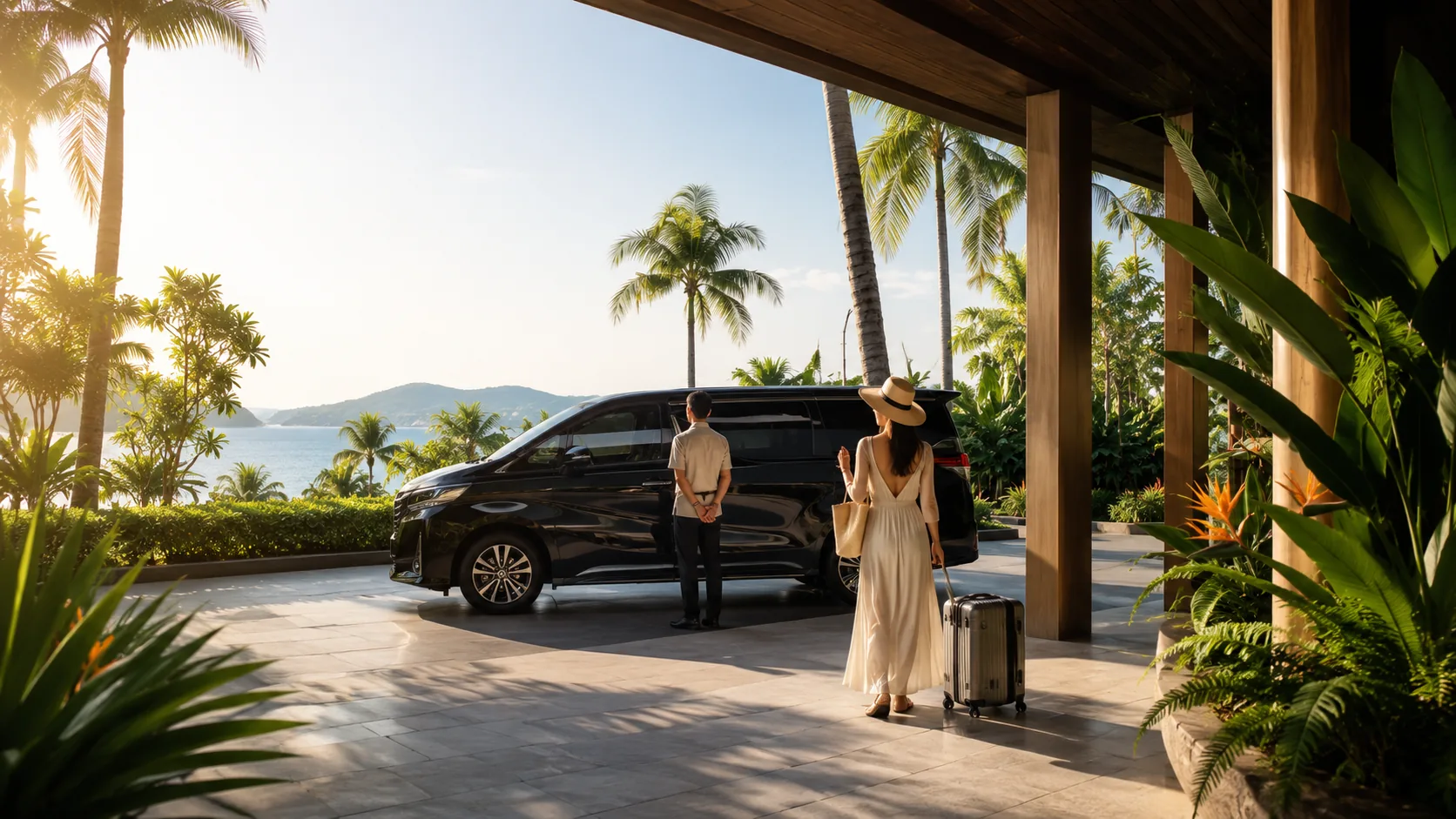 A traveller approaching a private minivan at a tropical resort
